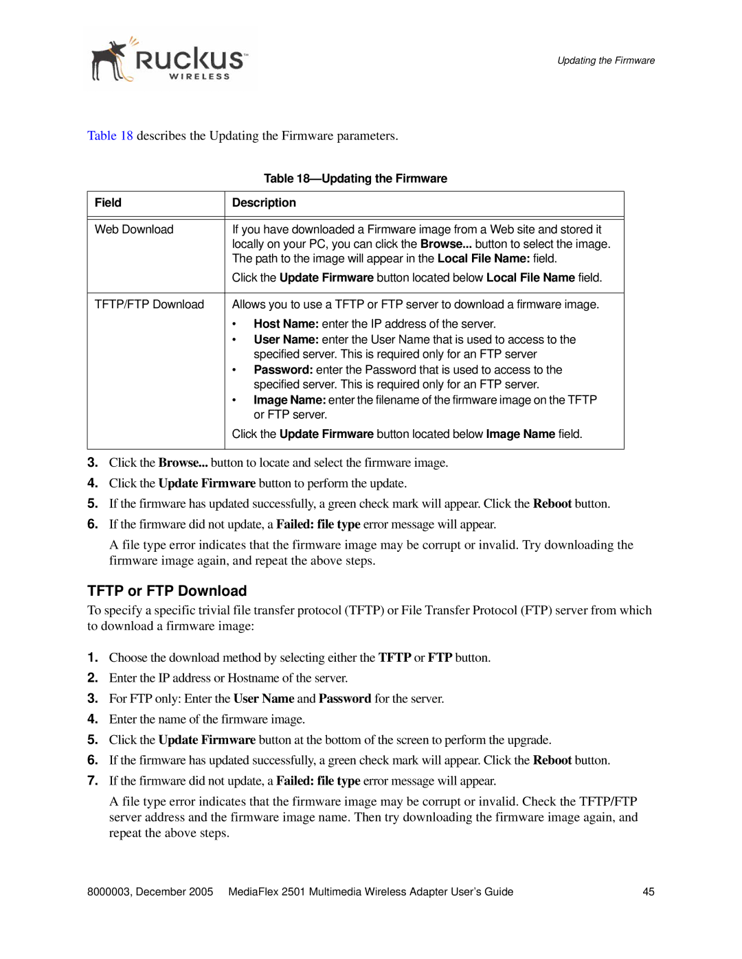 Ruckus Wireless MF2501 manual Tftp or FTP Download, Describes the Updating the Firmware parameters 