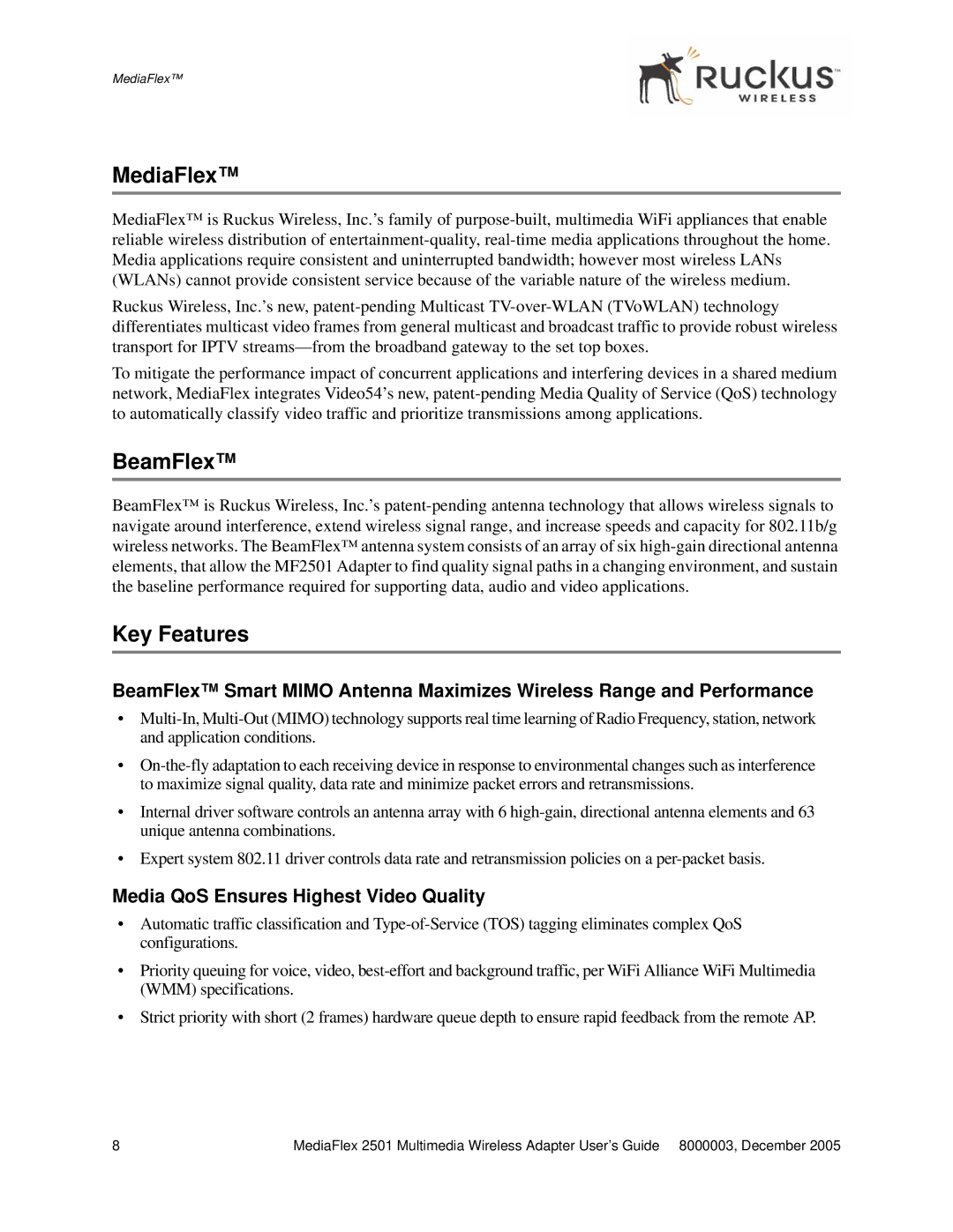 Ruckus Wireless MF2501 manual MediaFlex, BeamFlex, Key Features, Media QoS Ensures Highest Video Quality 