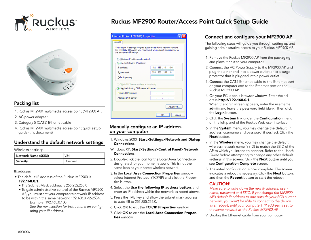 Ruckus Wireless setup guide Ruckus MF2900 Router/Access Point Quick Setup Guide, Packing list 