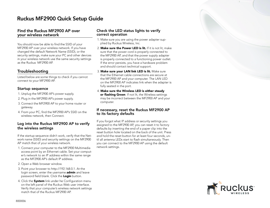 Ruckus Wireless Ruckus MF2900 Quick Setup Guide, Find the Ruckus MF2900 AP over your wireless network, Troubleshooting 