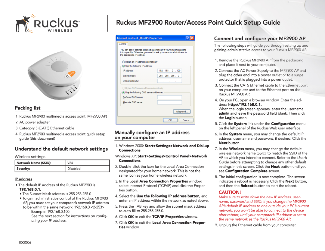 Ruckus Wireless setup guide Ruckus MF2900 Router/Access Point Quick Setup Guide, Packing list, Wireless settings 