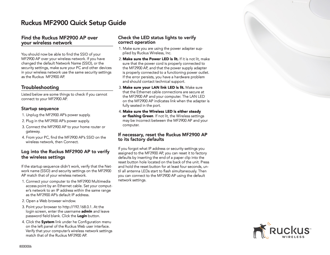 Ruckus Wireless Ruckus MF2900 Quick Setup Guide, Find the Ruckus MF2900 AP over your wireless network, Troubleshooting 