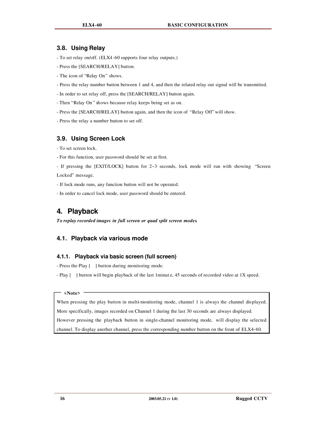 Rugged Outback ELX4-60 manual Using Relay, Using Screen Lock, Playback via various mode 