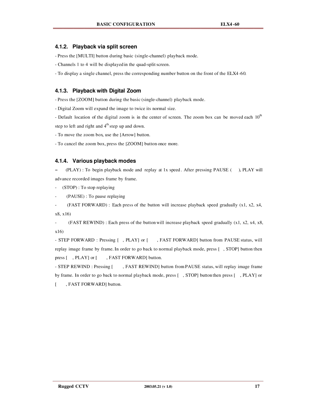 Rugged Outback ELX4-60 manual Playback via split screen, Playback with Digital Zoom, Various playback modes 
