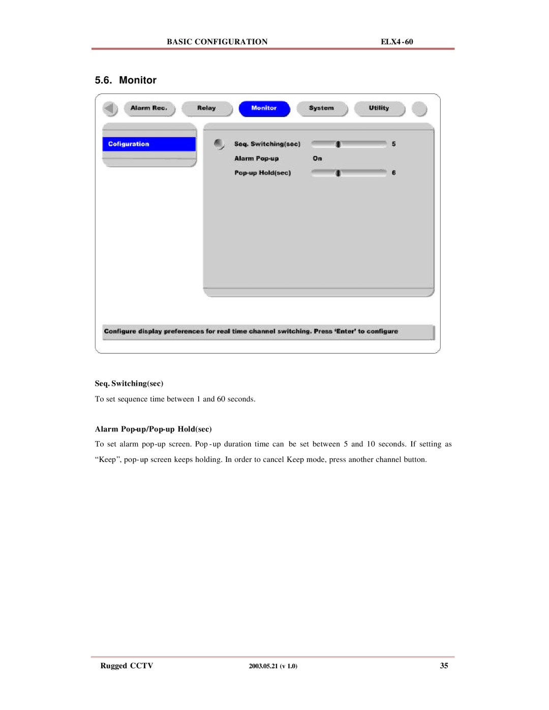 Rugged Outback ELX4-60 manual Monitor, Seq. Switchingsec, Alarm Pop-up/Pop-up Holdsec 