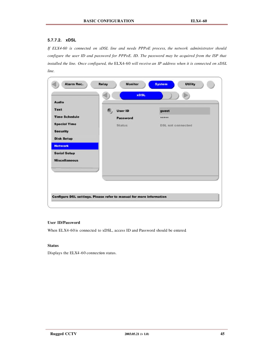 Rugged Outback ELX4-60 manual Xdsl, User ID/Password 