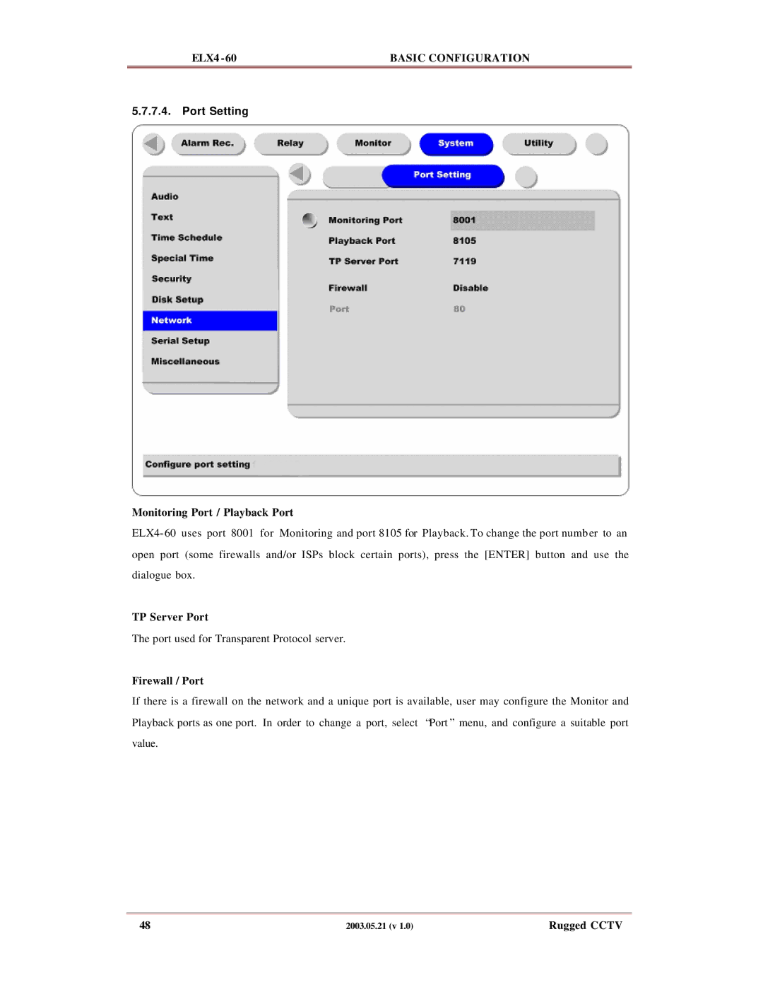 Rugged Outback ELX4-60 manual Monitoring Port / Playback Port, TP Server Port, Firewall / Port 