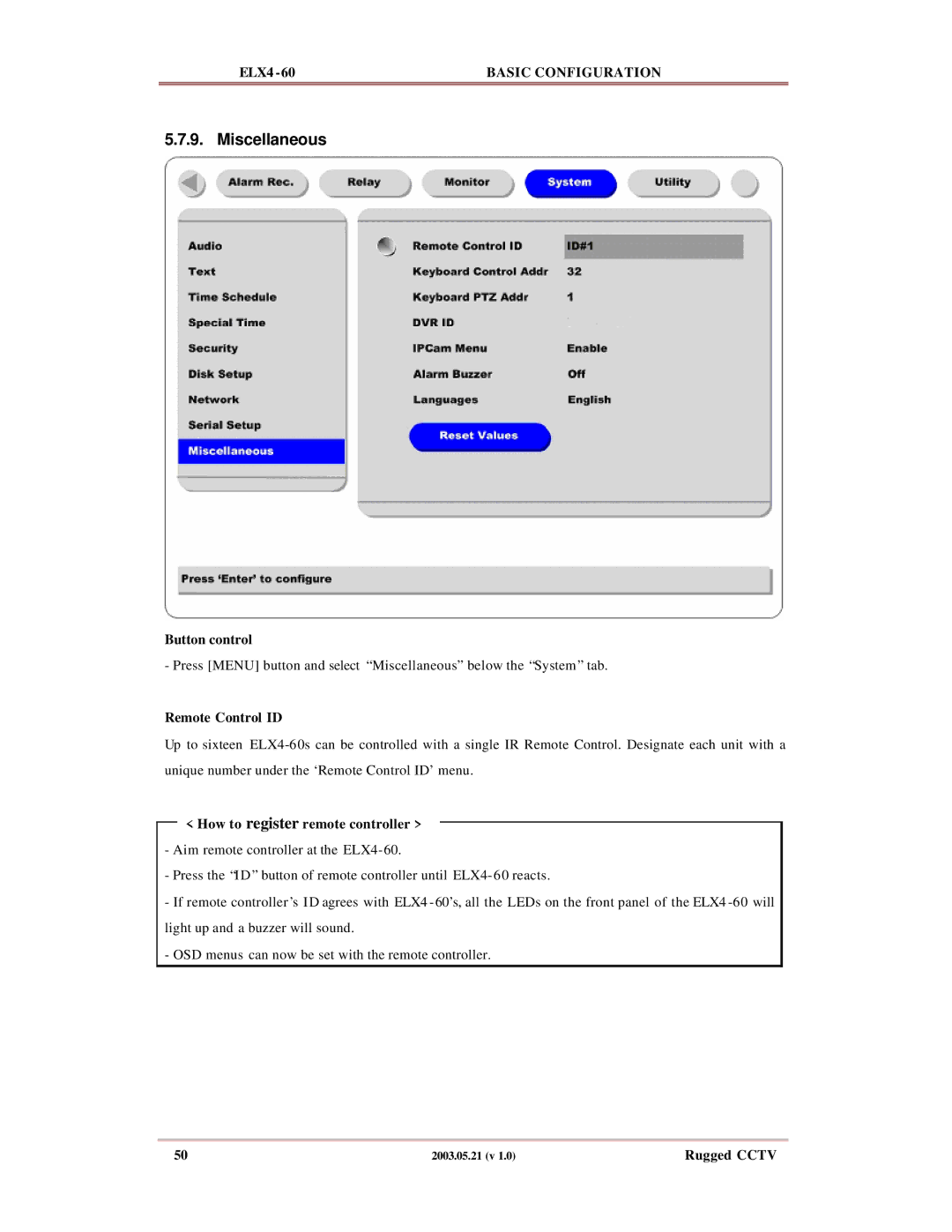 Rugged Outback ELX4-60 manual Miscellaneous, Remote Control ID, How to register remote controller 