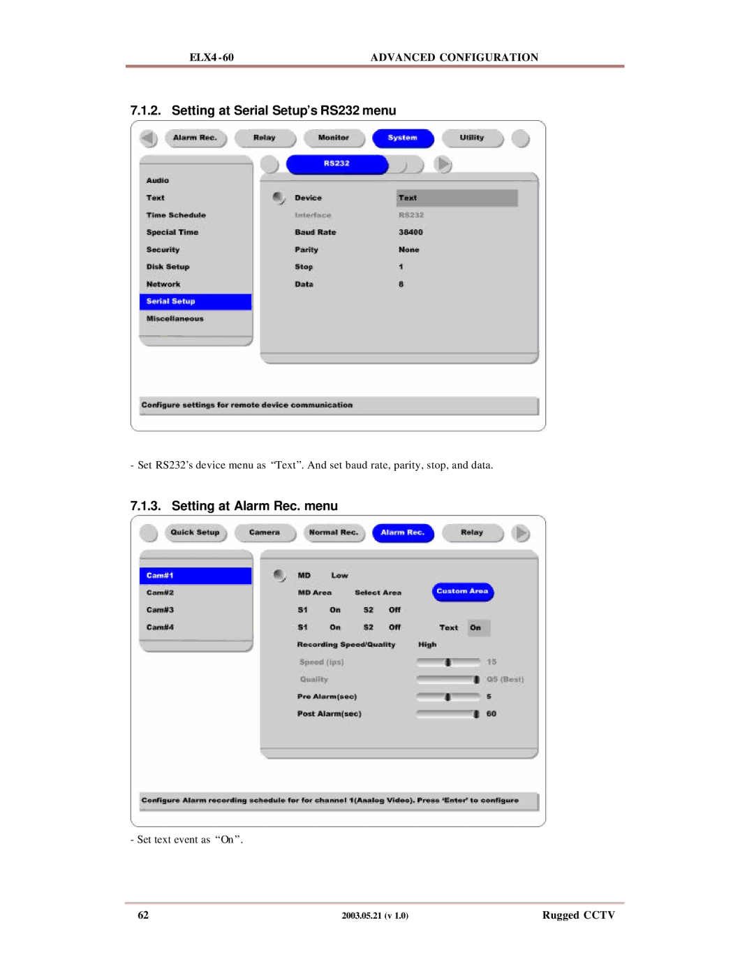 Rugged Outback ELX4-60 manual Setting at Serial Setup’s RS232 menu, Setting at Alarm Rec. menu 