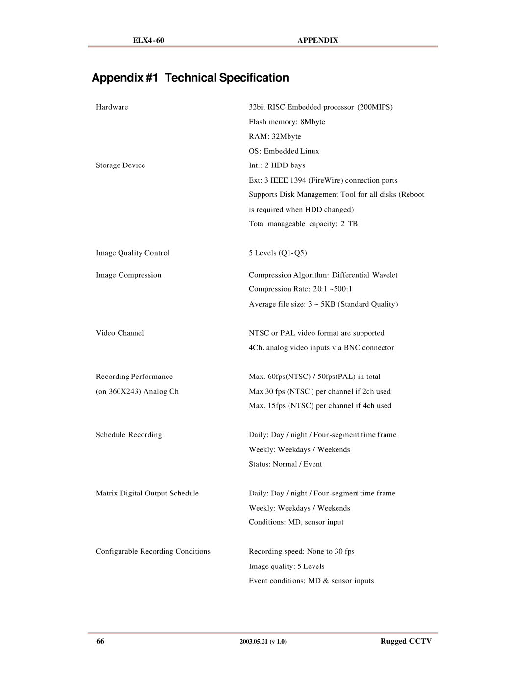 Rugged Outback ELX4-60 manual Appendix #1 Technical Specification 