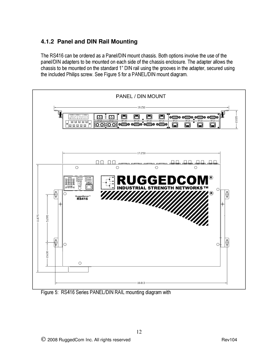 Rugged Outback manual Panel and DIN Rail Mounting, RS416 Series PANEL/DIN Rail mounting diagram with 