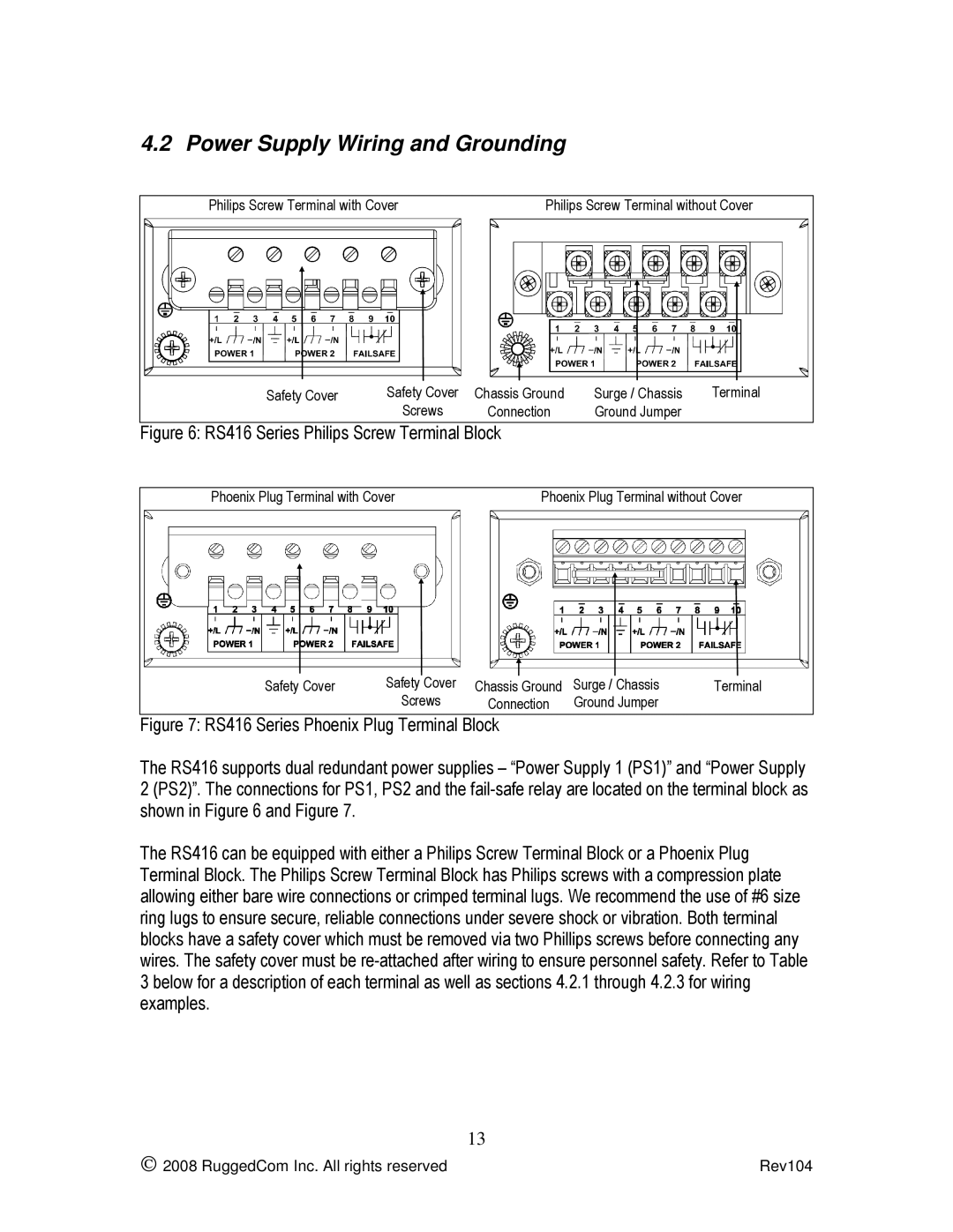 Rugged Outback manual Power Supply Wiring and Grounding, RS416 Series Philips Screw Terminal Block 