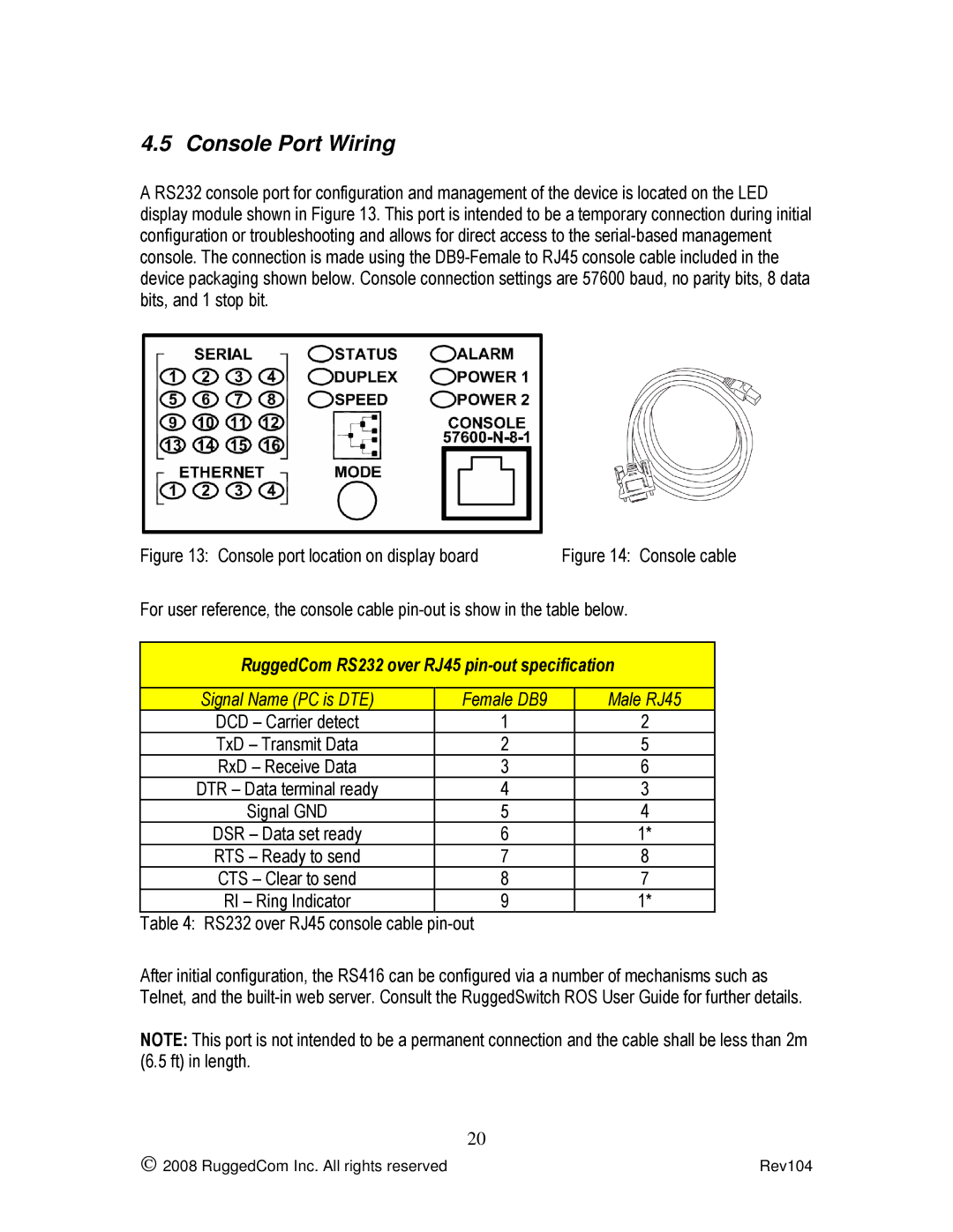 Rugged Outback RS416 manual Console Port Wiring, RS232 over RJ45 console cable pin-out Male RJ45 