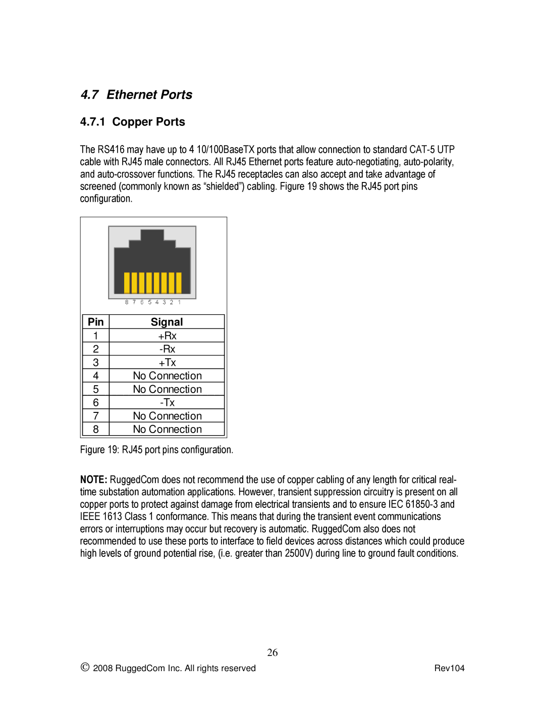 Rugged Outback RS416 manual Ethernet Ports, Copper Ports, +Rx +Tx No Connection 