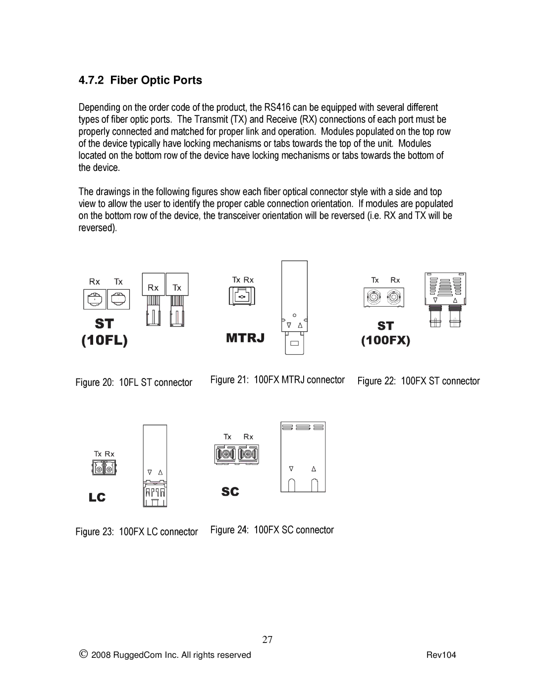 Rugged Outback RS416 manual Fiber Optic Ports, 100FX LC connector 100FX SC connector 