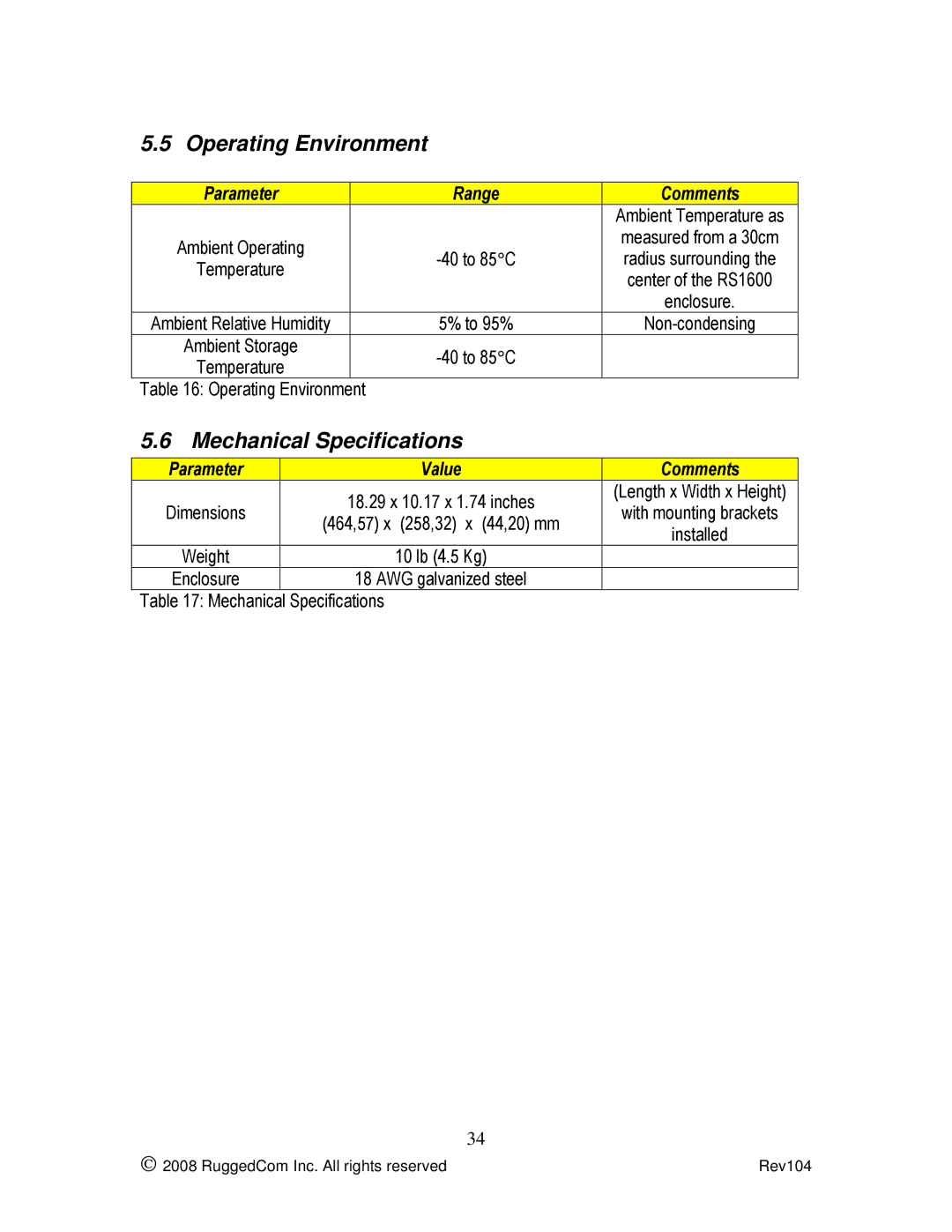 Rugged Outback RS416 manual Operating Environment, Mechanical Specifications 