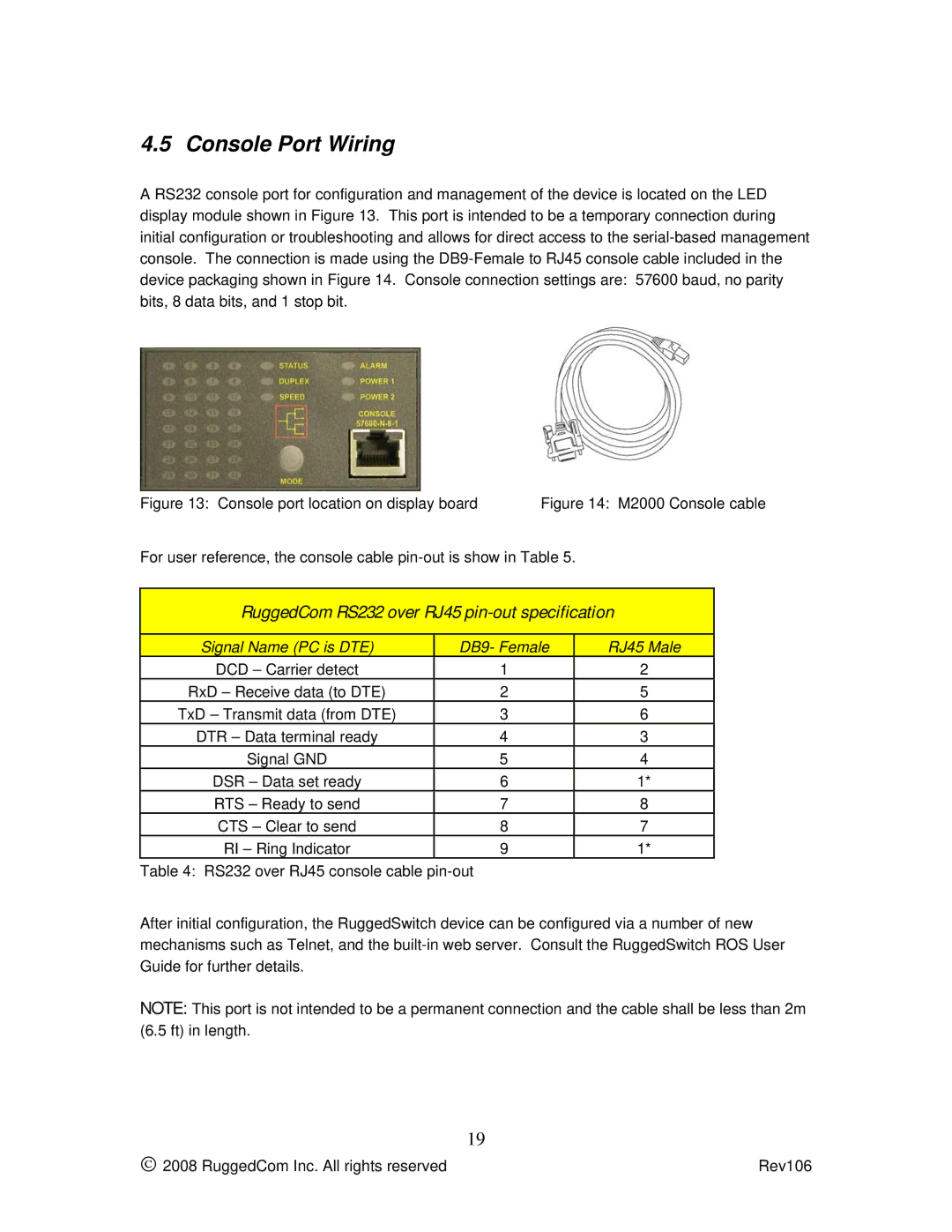 RuggedCom M2100 manual Console Port Wiring, RuggedCom RS232 over RJ45 pin-out specification 