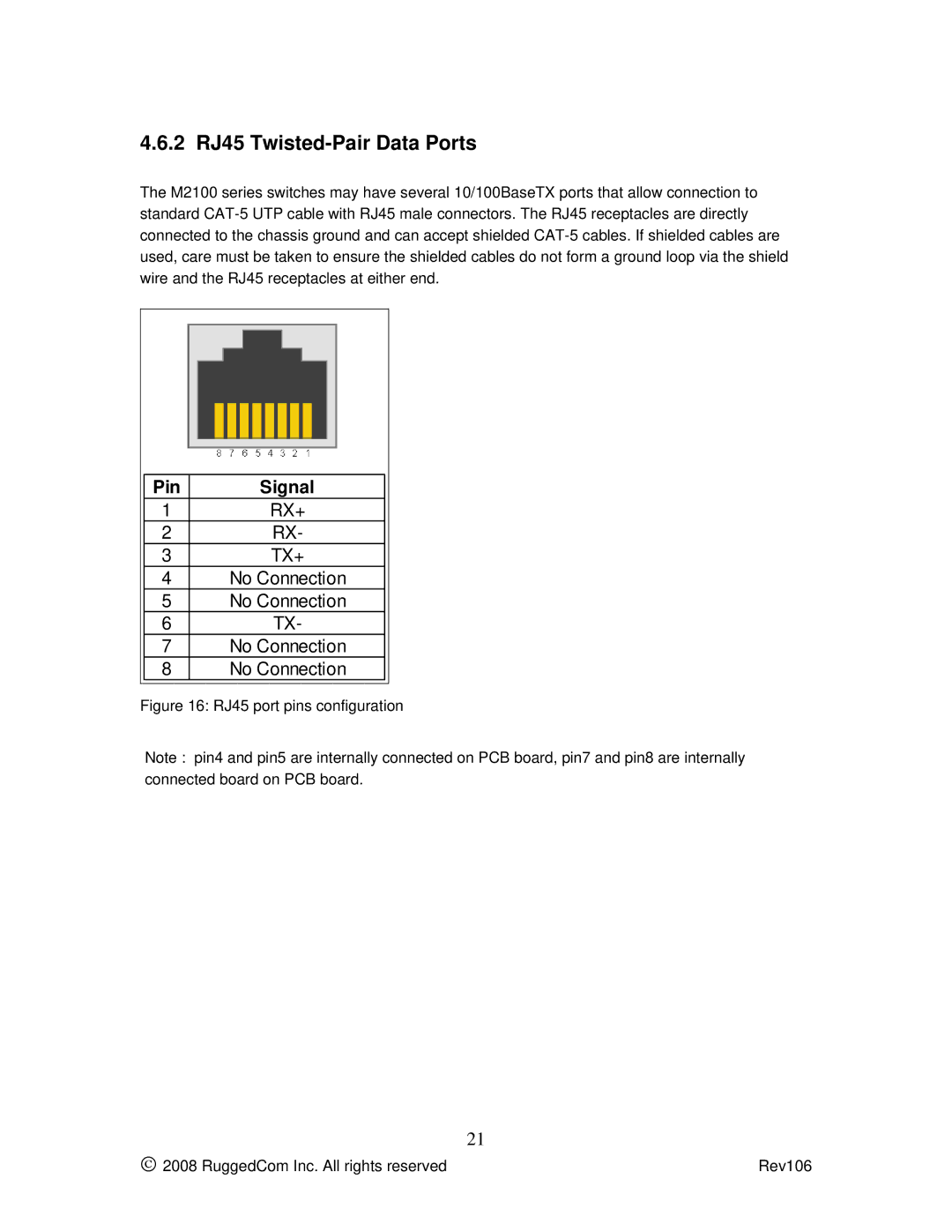 RuggedCom M2100 manual 2 RJ45 Twisted-Pair Data Ports, RJ45 port pins configuration 