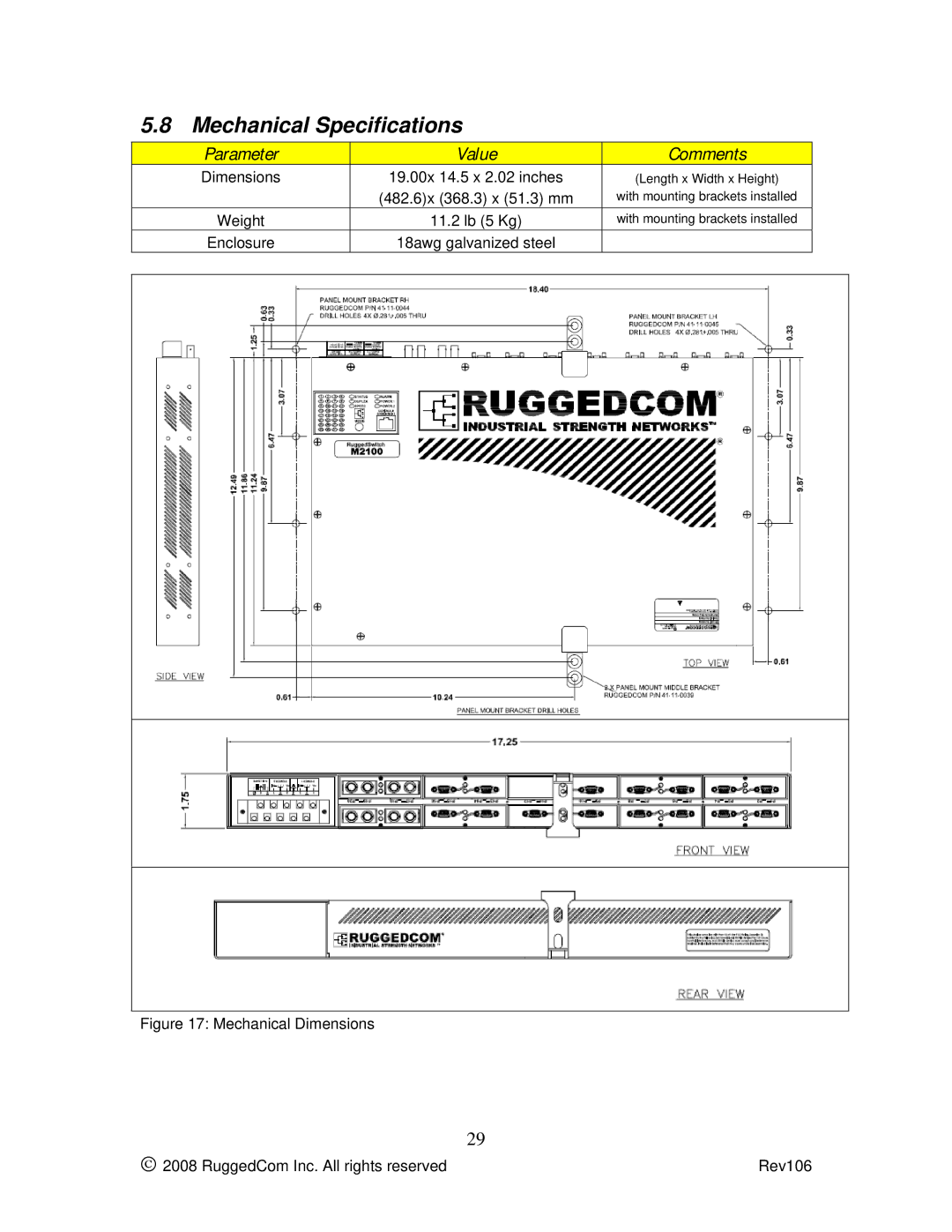 RuggedCom M2100 manual Mechanical Specifications, Parameter Value Comments 