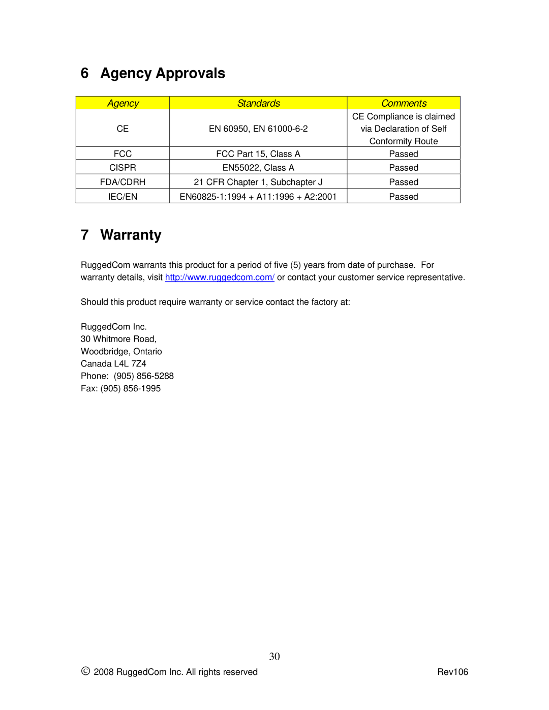 RuggedCom M2100 manual Agency Approvals, Warranty, Agency Standards Comments 