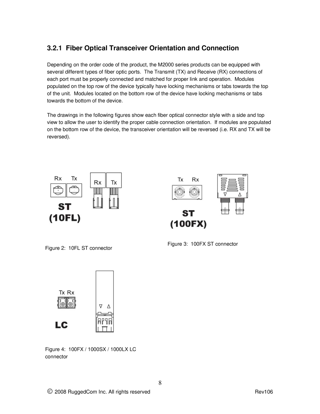 RuggedCom M2100 manual Fiber Optical Transceiver Orientation and Connection, 10FL ST connector 