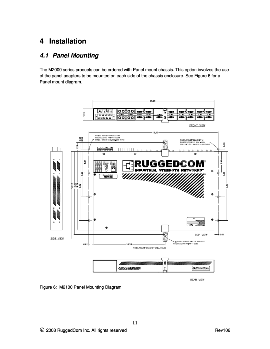 RuggedCom M2100 manual Installation, Panel Mounting, RuggedCom Inc. All rights reserved, Rev106 