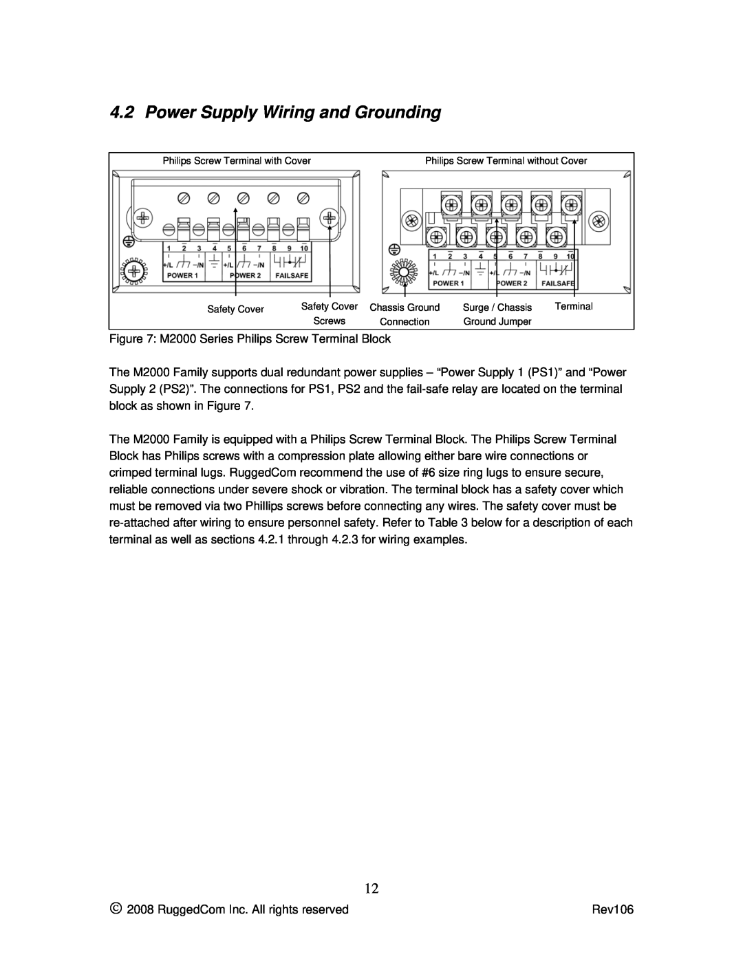 RuggedCom M2100 manual Power Supply Wiring and Grounding 