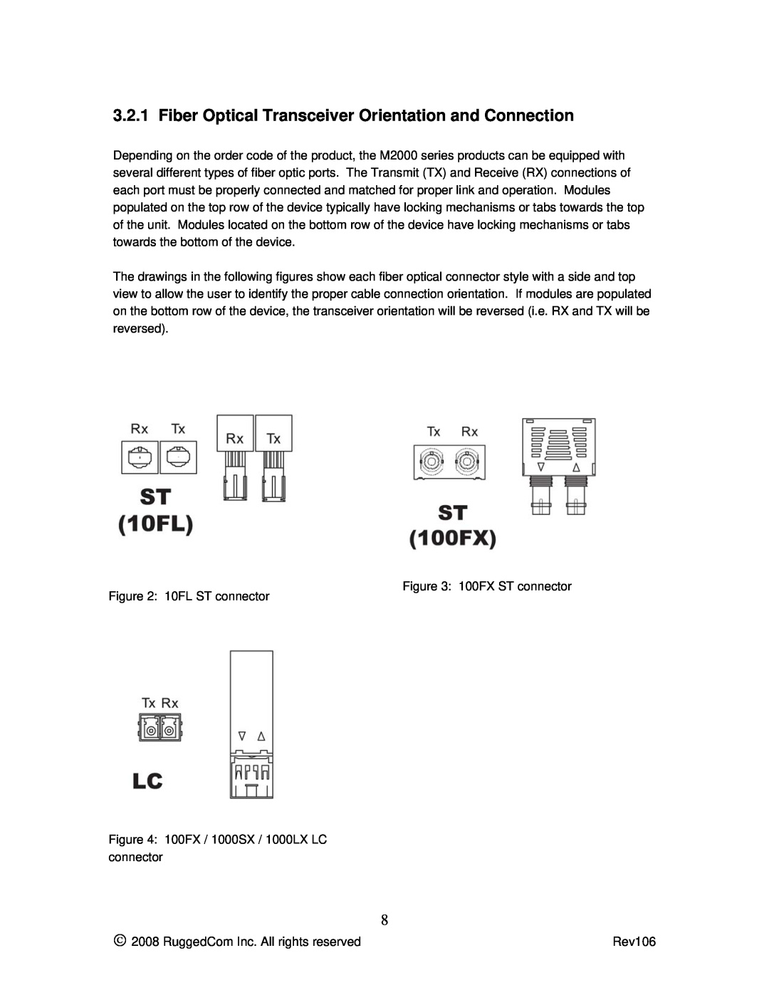 RuggedCom M2100 manual Fiber Optical Transceiver Orientation and Connection 