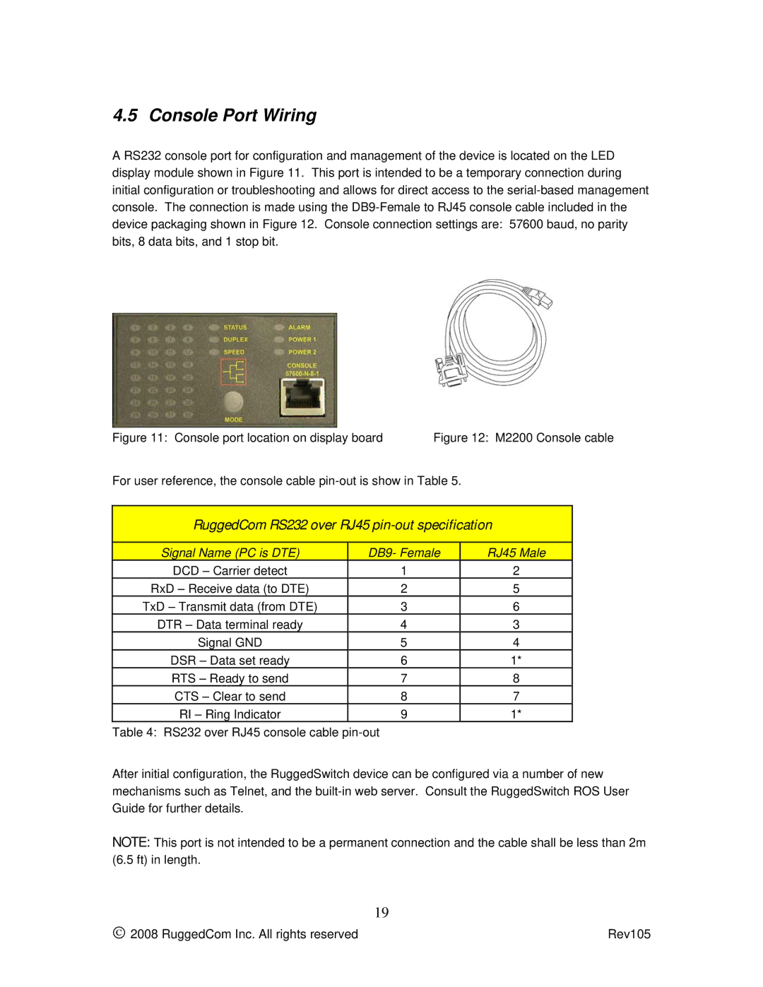 RuggedCom m2200 manual Console Port Wiring, RuggedCom RS232 over RJ45 pin-out specification 