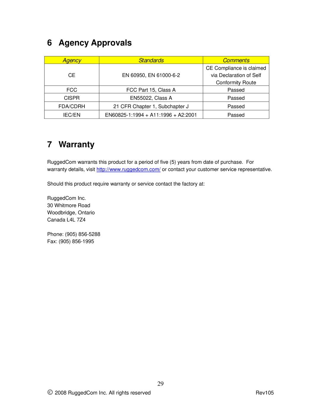 RuggedCom m2200 manual Agency Approvals, Warranty, Agency Standards Comments 