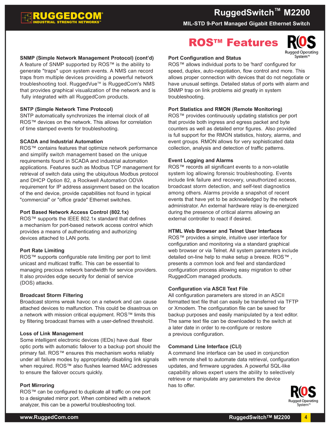 RuggedCom m2200 Snmp Simple Network Management Protocol cont’d, Sntp Simple Network Time Protocol, Port Rate Limiting 