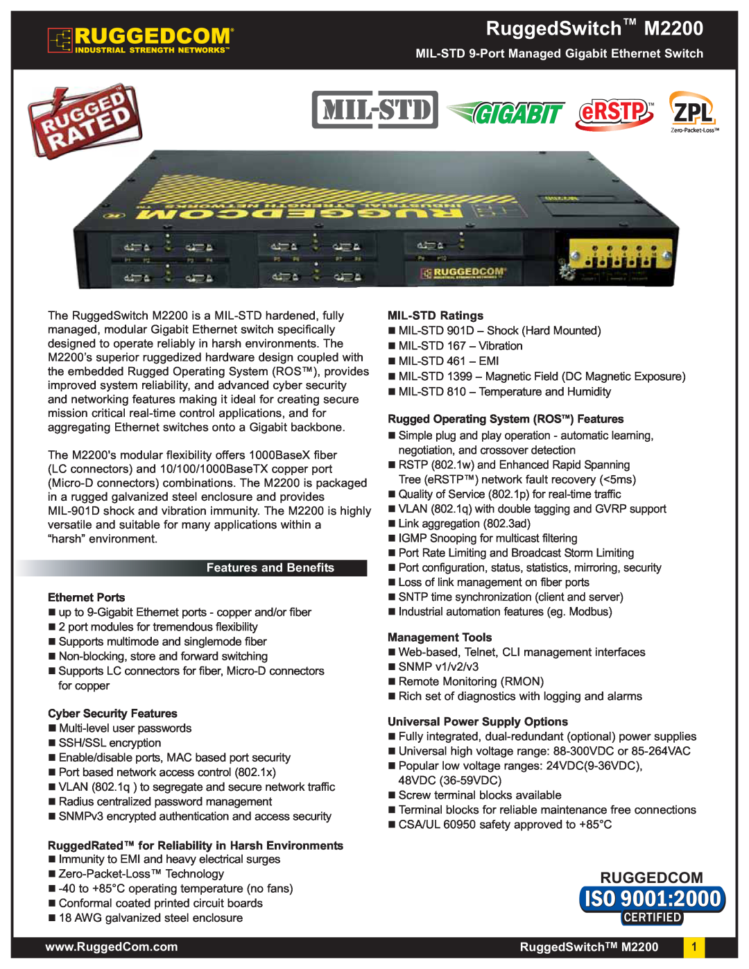 RuggedCom m2200 manual RuggedSwitch M2200, MIL-STD 9-Port Managed Gigabit Ethernet Switch, Features and Benefits 