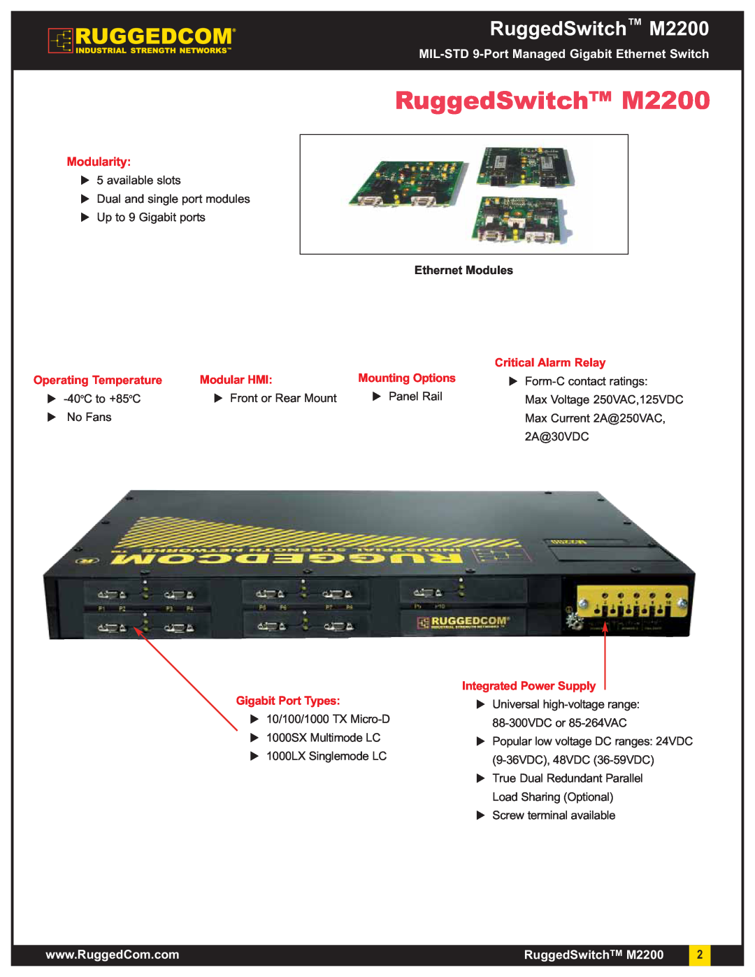 RuggedCom m2200 manual RuggedSwitch M2200, Ethernet Modules, MIL-STD 9-Port Managed Gigabit Ethernet Switch, Modularity 