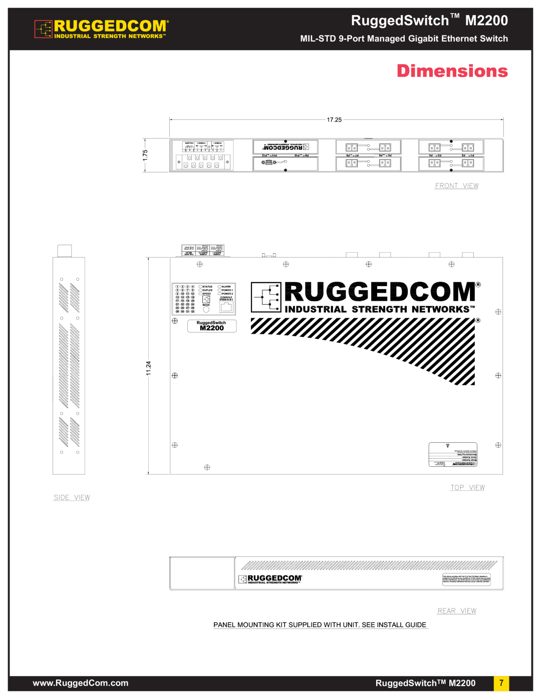 RuggedCom m2200 manual Dimensions, RuggedSwitch M2200, MIL-STD 9-Port Managed Gigabit Ethernet Switch, RuggedSwitchTM M2200 