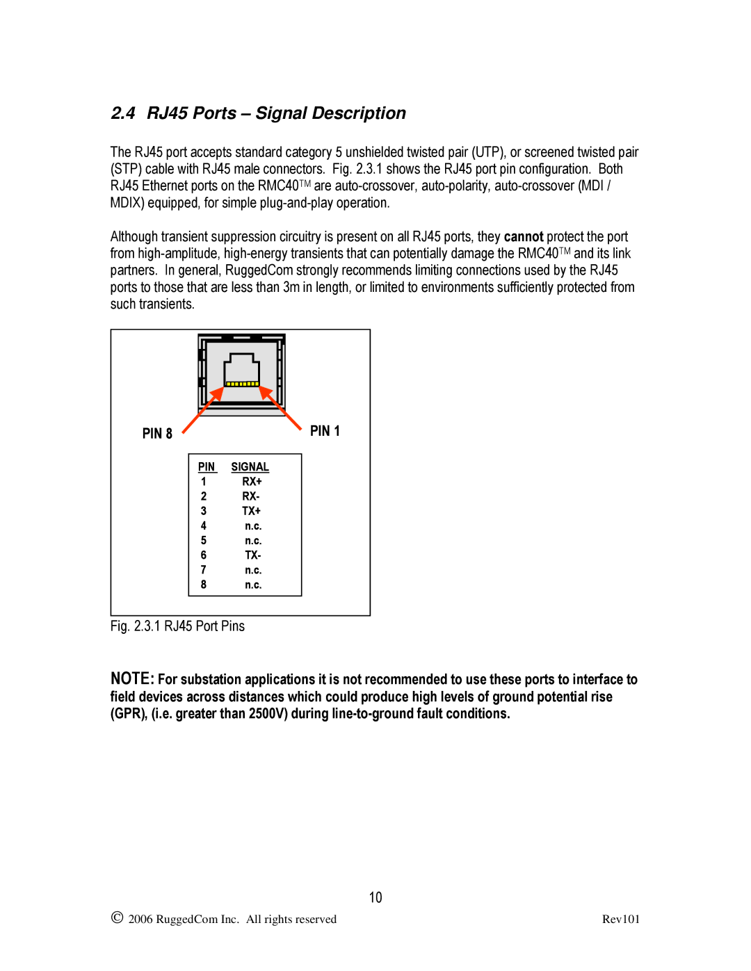 RuggedCom RMC40 manual RJ45 Ports Signal Description, 1 RJ45 Port Pins 