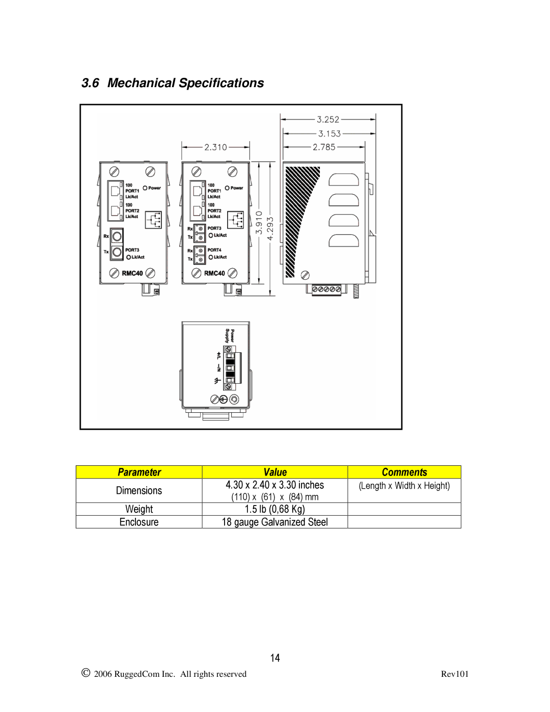 RuggedCom RMC40 manual Mechanical Specifications 