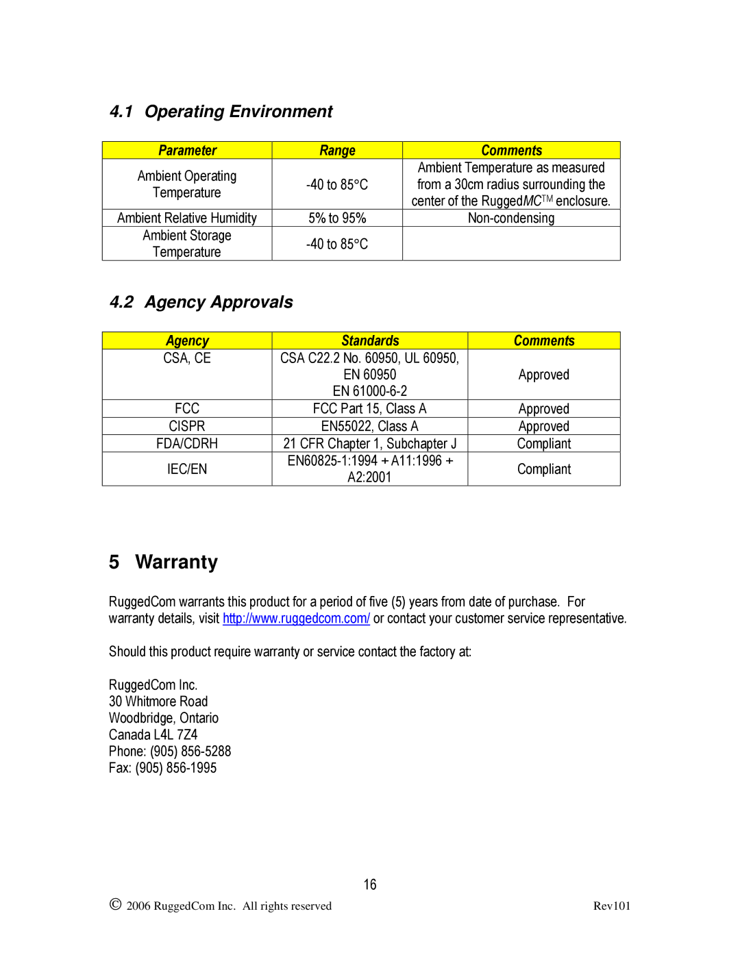 RuggedCom RMC40 Warranty, Operating Environment, Agency Approvals, Parameter Range Comments, Agency Standards Comments 