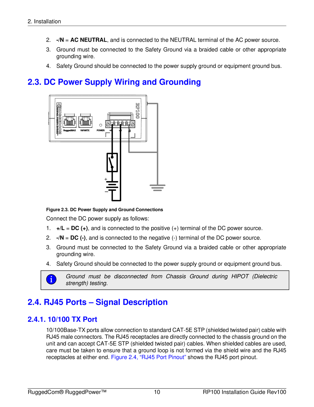 RuggedCom RP100 manual DC Power Supply Wiring and Grounding, RJ45 Ports Signal Description, 1 /100 TX Port 