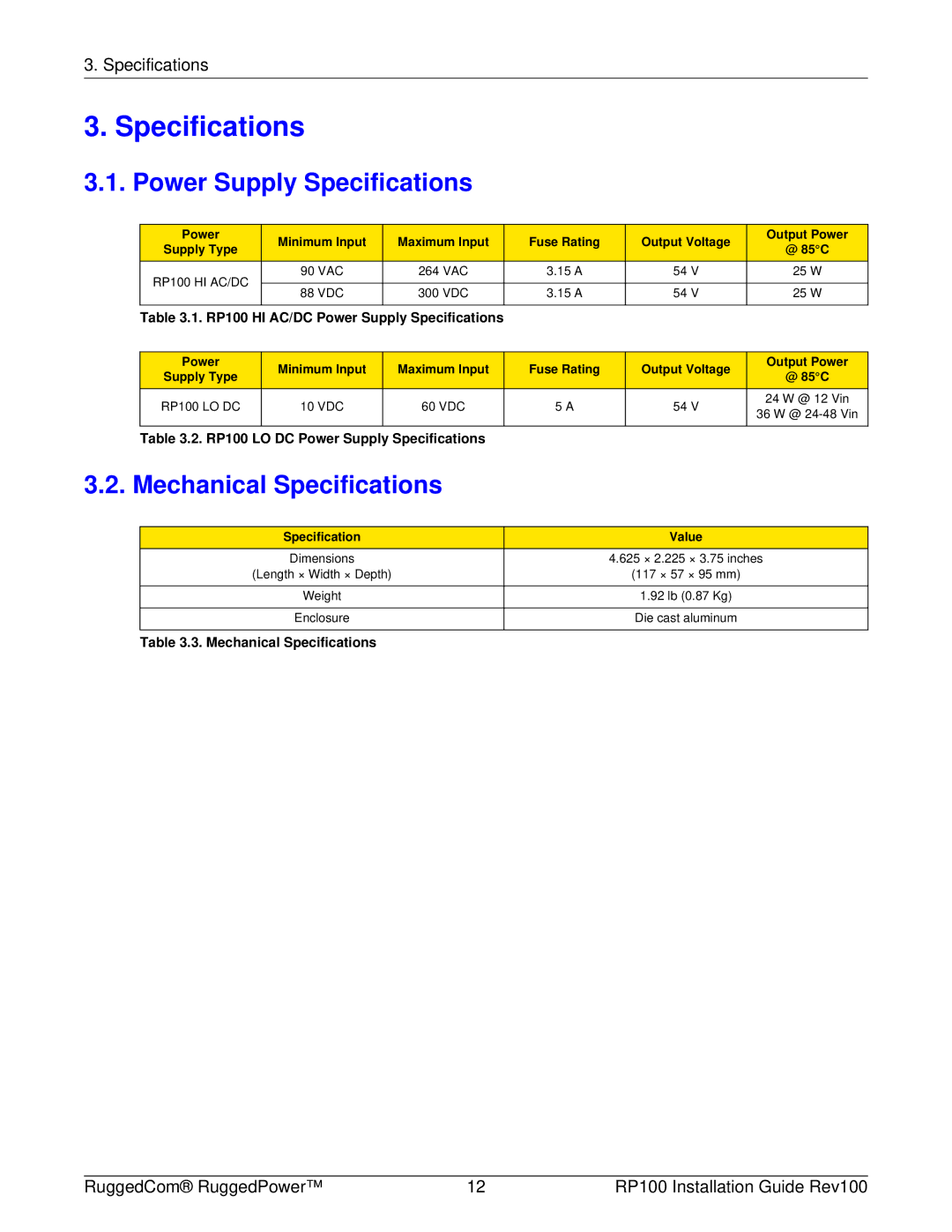 RuggedCom RP100 manual Power Supply Specifications, Mechanical Specifications 