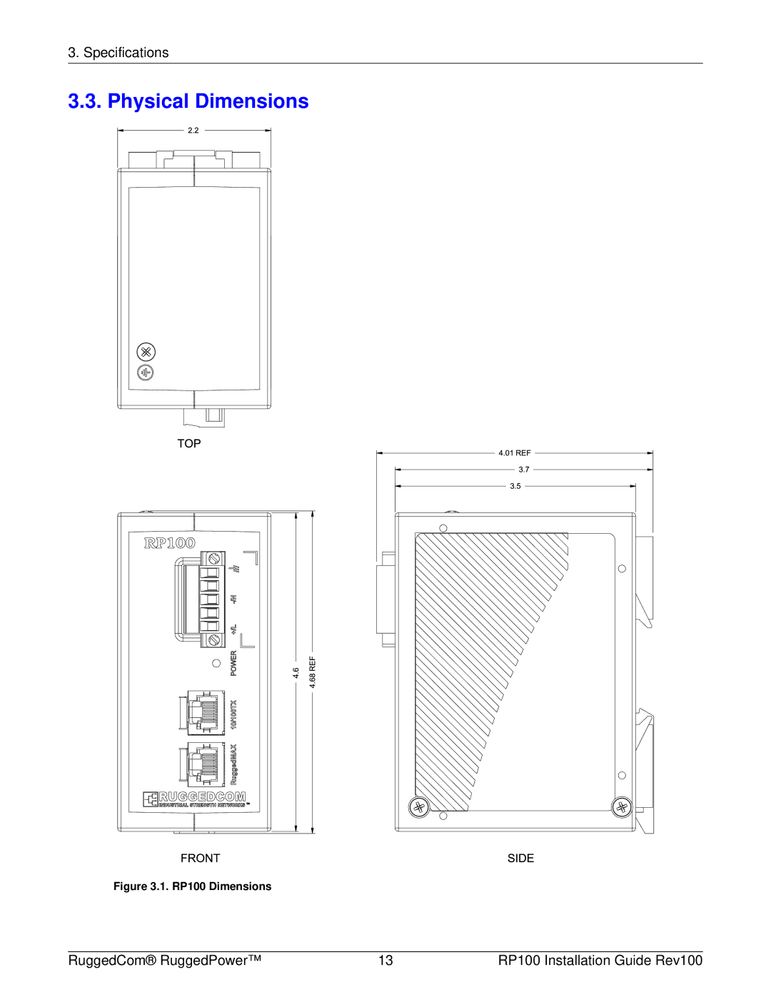 RuggedCom manual Physical Dimensions, RP100 Dimensions 