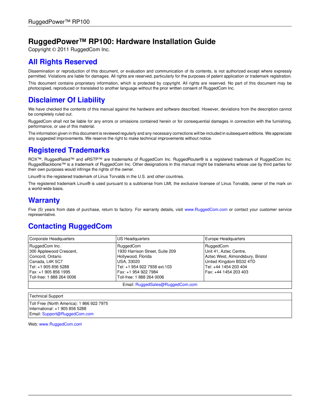 RuggedCom RP100 manual All Rights Reserved, Disclaimer Of Liability, Registered Trademarks, Warranty Contacting RuggedCom 