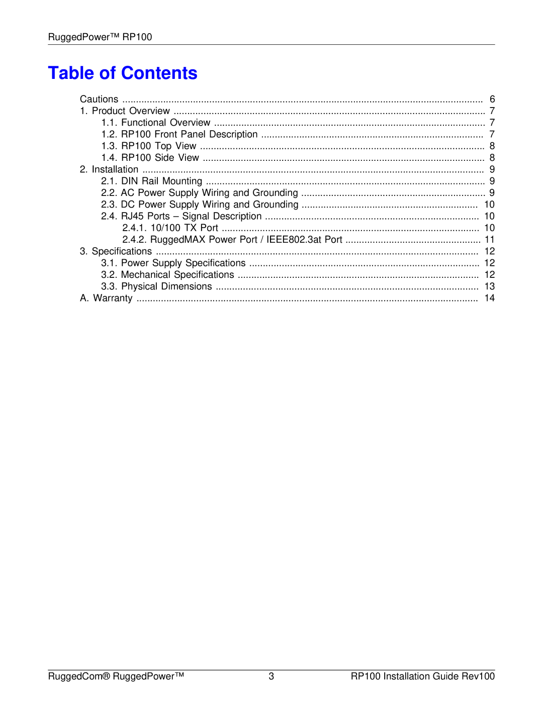 RuggedCom RP100 manual Table of Contents 