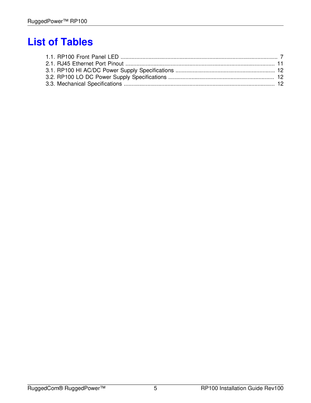 RuggedCom RP100 manual List of Tables 