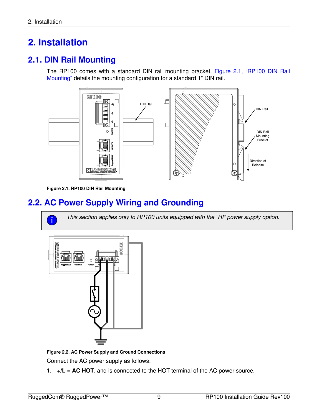 RuggedCom RP100 manual Installation, DIN Rail Mounting, AC Power Supply Wiring and Grounding 