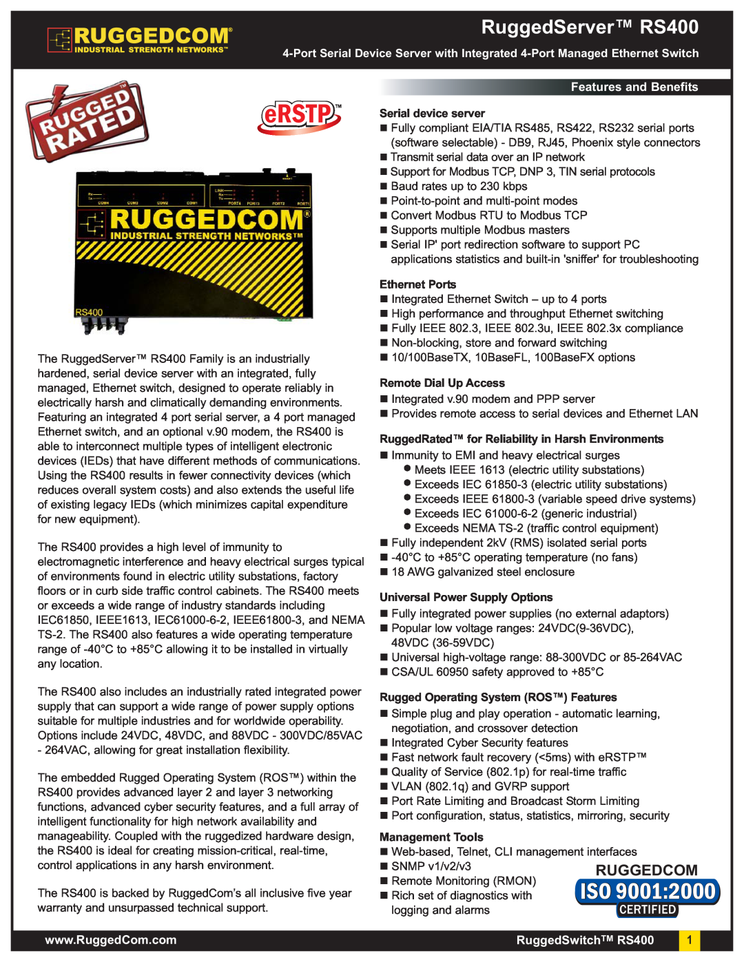 RuggedCom warranty RuggedServer RS400, Features and Benefits, Serial device server, Ethernet Ports, Management Tools 