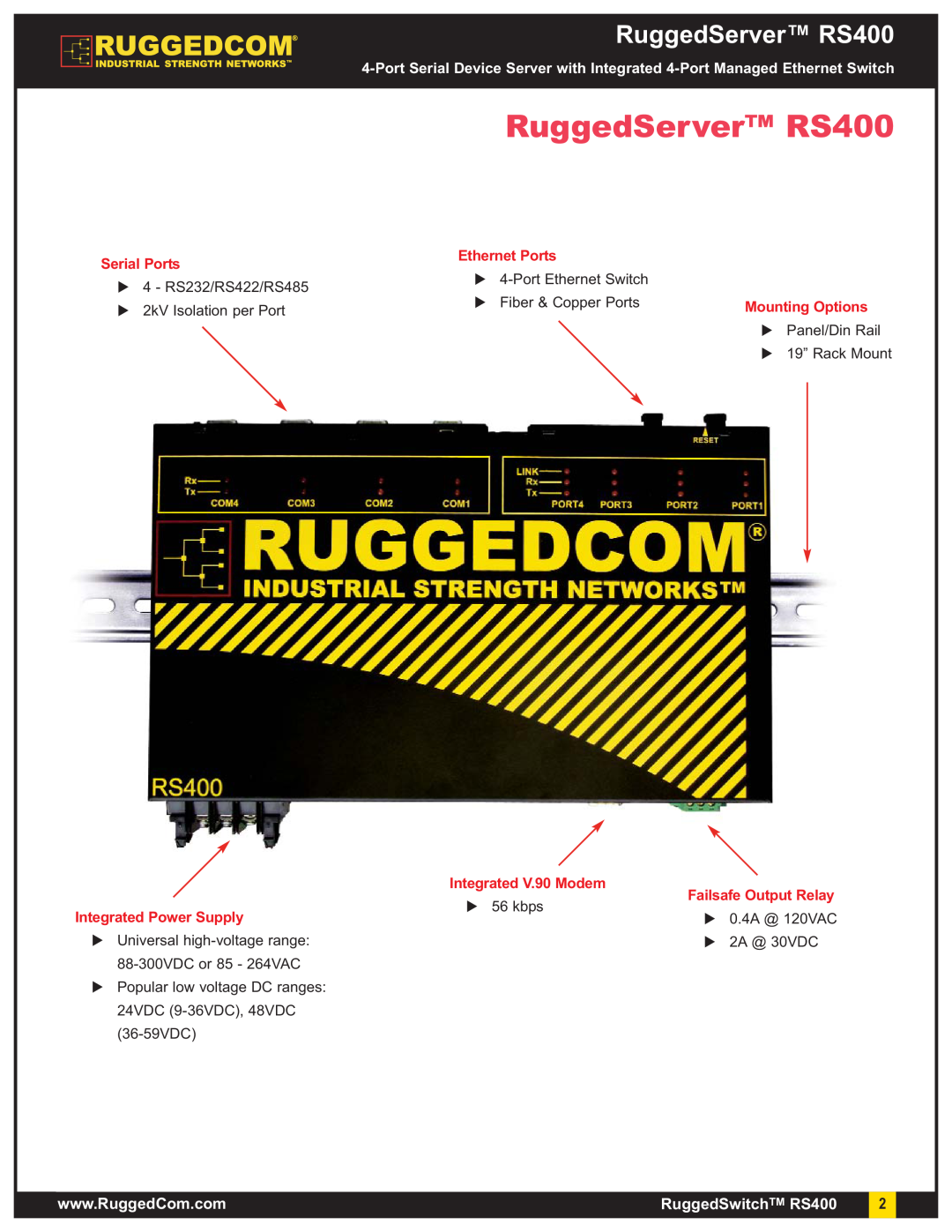 RuggedCom warranty RuggedServer RS400, Serial Ports, Integrated Power Supply, Ethernet Ports, Integrated V.90 Modem 