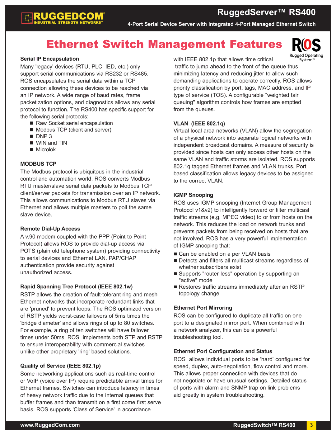 RuggedCom RS400 warranty Ethernet Switch Management Features, Modbus TCP 
