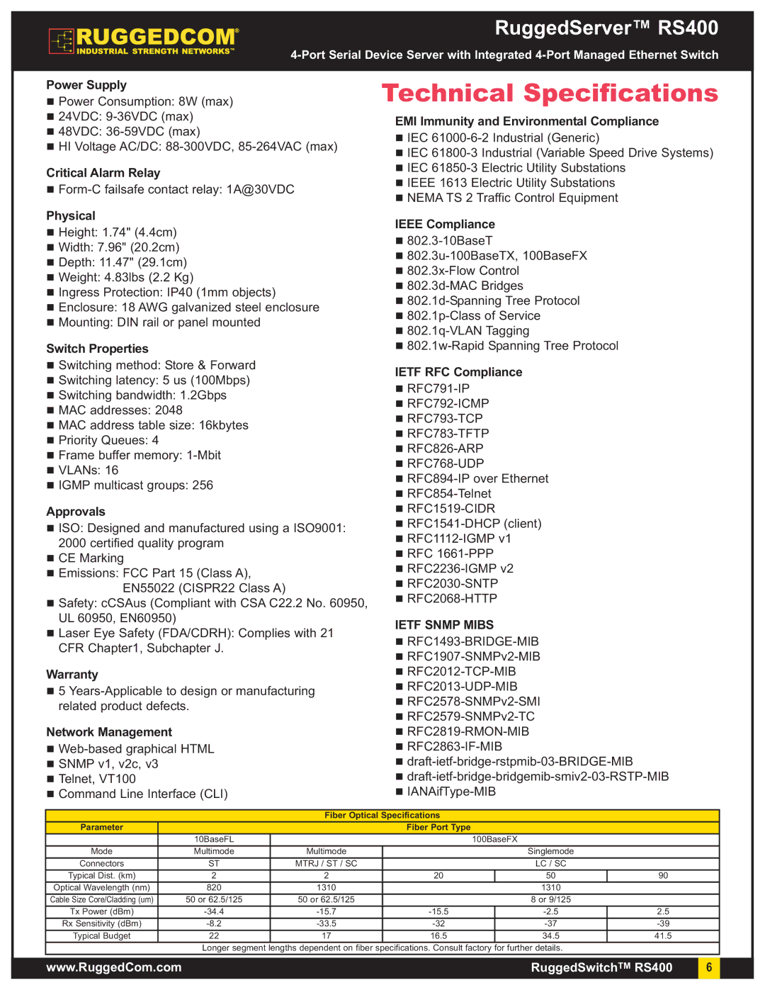 RuggedCom RS400 warranty Technical Specifications, Ietf Snmp Mibs 