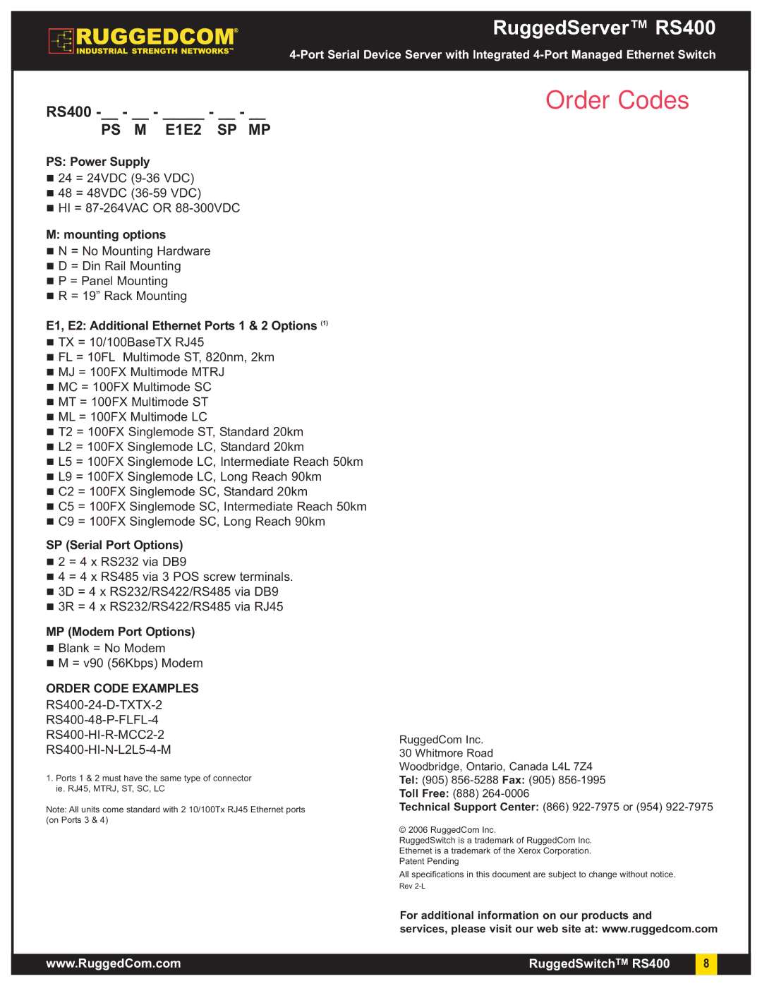 RuggedCom RS400 warranty Order Codes, Order Code Examples 