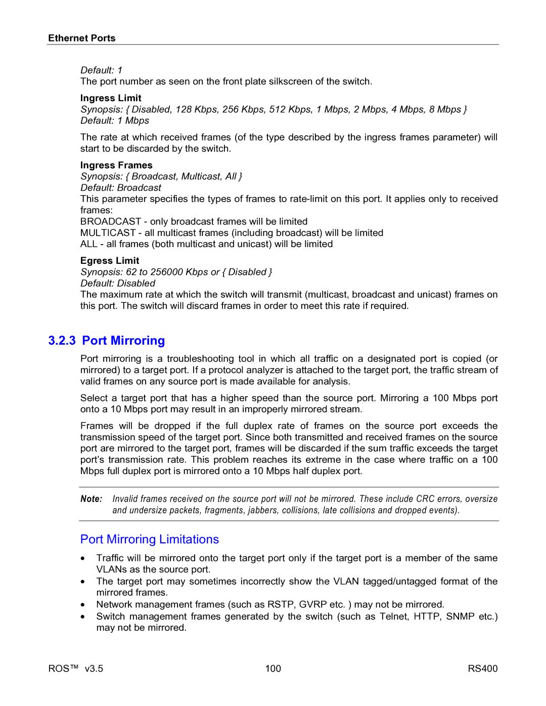 RuggedCom RS400 manual Port Mirroring Limitations, Ingress Limit, Ingress Frames, Egress Limit 